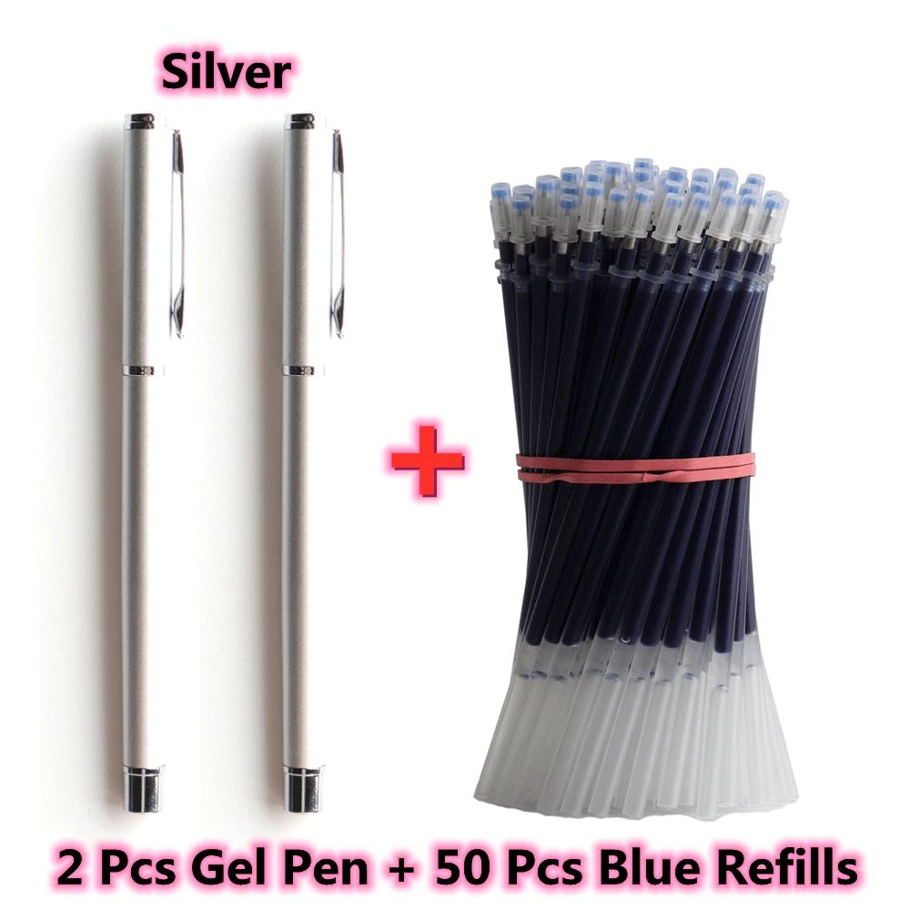 

2 + 50 шт./компл. металлическая гелевая ручка с гелевыми чернилами для мужчин и женщин, подпись, деловые Письменные ручки для офиса, школы, канцелярские принадлежности
