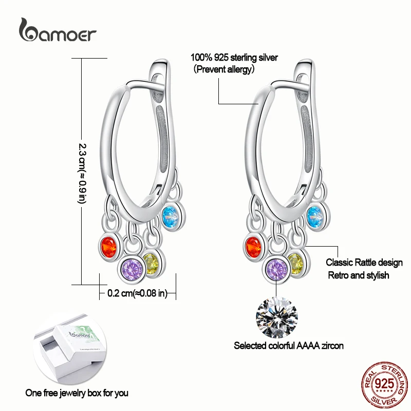 Bamoer Модные Колоритные Серьги-погремушки для женщин из 100% серебра 925 с подвеской из циркона Элегантный ювелирный подарок.