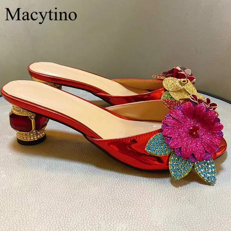 Flower decoration ladies high-heel slippers sequins rhinestone decoration glass-heel slippers fashion party slippers