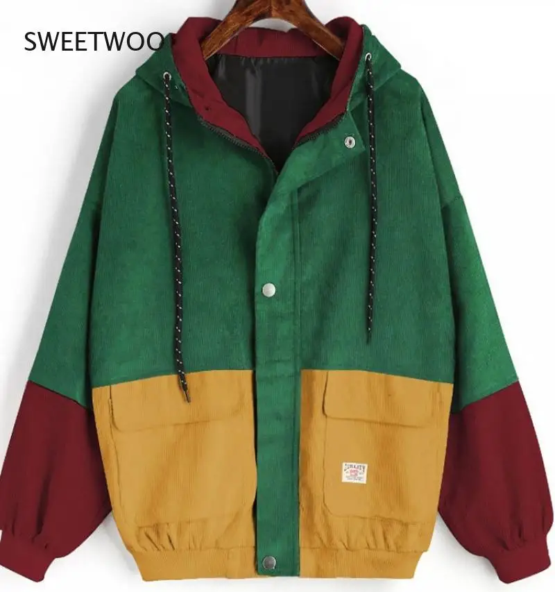 

2021 Korean College Style Student Bf Loose Color Matching Hooded Baseball Uniform Corduroy Tooling Jacket Women