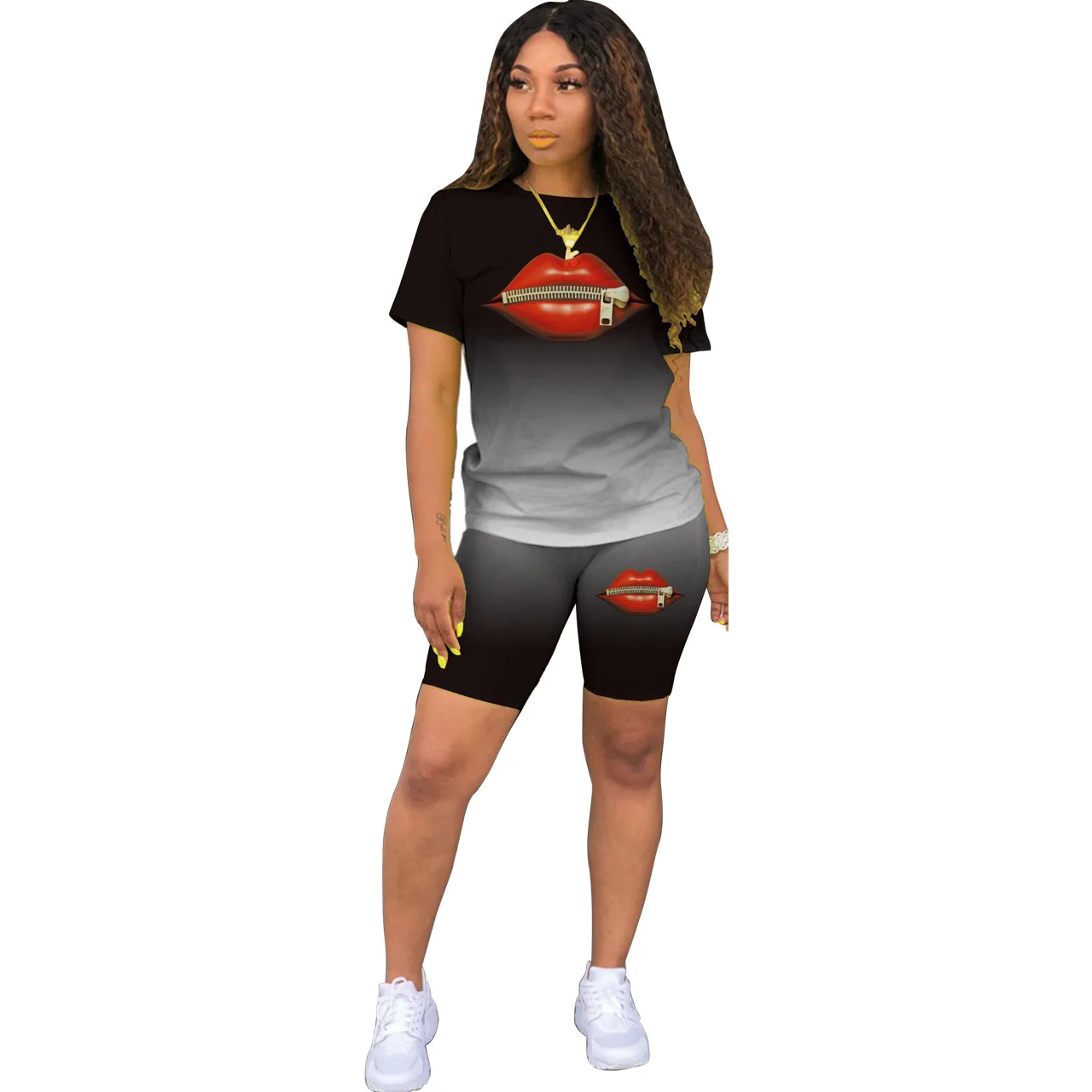 

Casual Shorts Sets Women Summer 2021 New Gradient Lip Two-piece Set Pop Classic Fashion