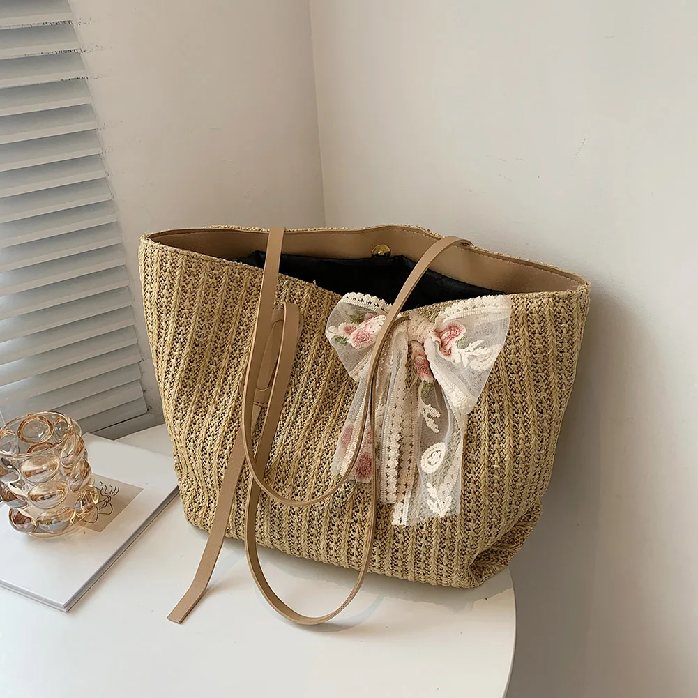 

Fashion Women Woven Silk Scarf Bucket Shoulder Shopping Bag Ladies Summer Beach Vacation Large Capacity Tote Handbags