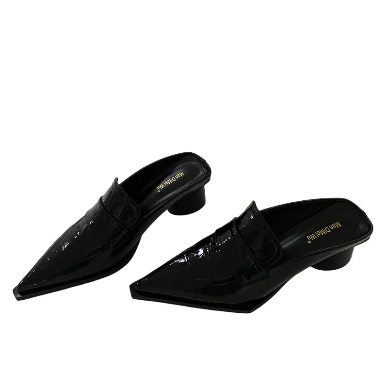 

Shoes Woman's Slippers Low Square heel Pointed Toe Slides Fashion 2021 Summer Block Luxury Basic Fabric Hoof Heels Rubber PU