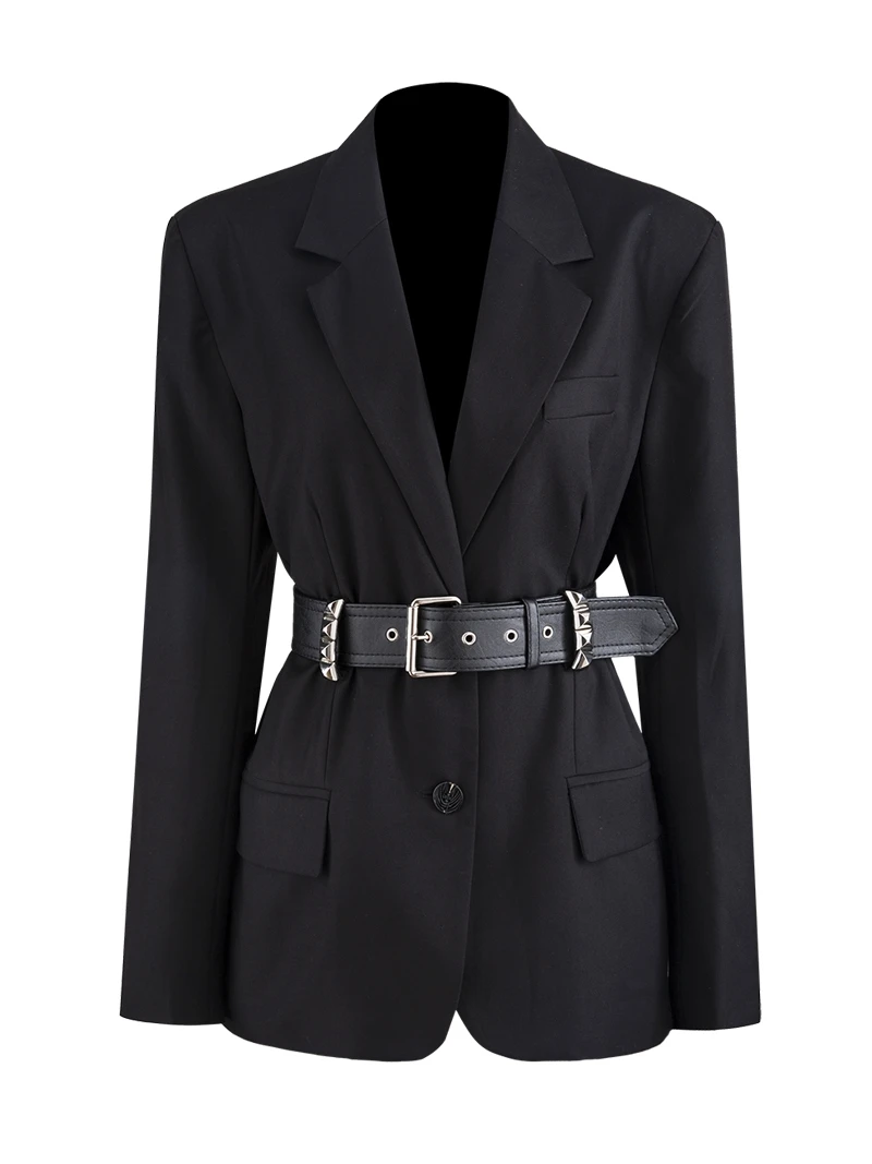 

New Style Rivet Waist Button Full Solid Notched Slim All Match Suit for Women Jacket Autumn