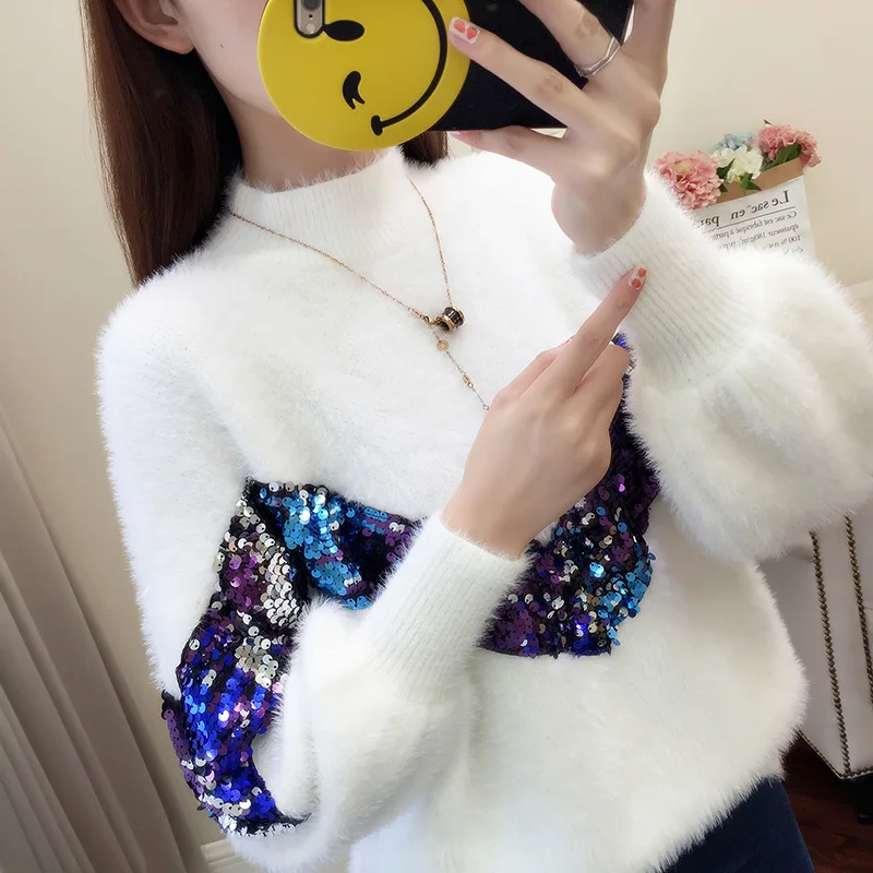 white sweater MUMUZI зимние осенние женские свитера и пуловер с круглым вырезом Повседневный свитер с пайетками однотонные вязаные свободные Джемперы Sweter Mujer - Цвет: white sweater