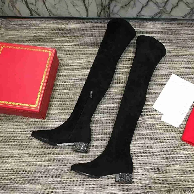 Goede Vrouw Lange Laarzen Zip Kristal Lage Hak Echt Lederen Dames Schoenen Luxe Designer 2020 Nieuwe Herfst Winter Zapatos De Mujer