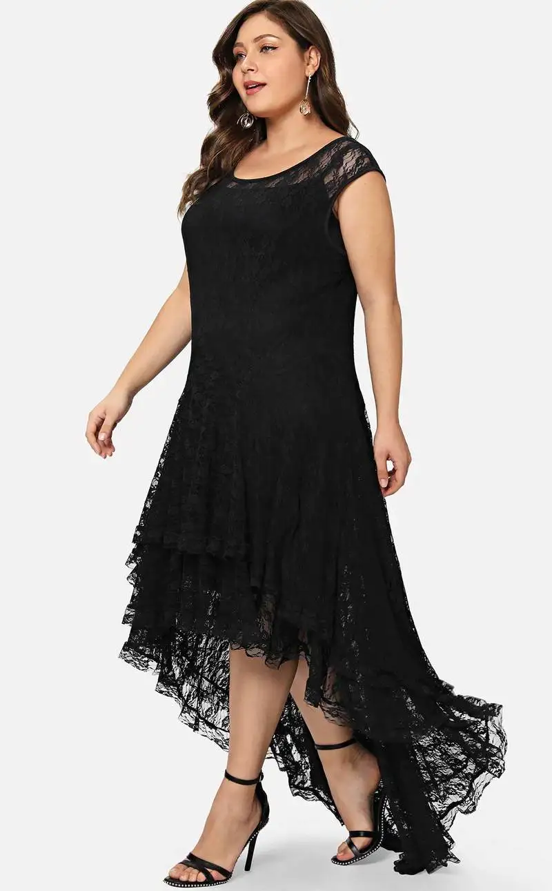 Кружевное женское элегантное Макси платье больших размеров летнее черное