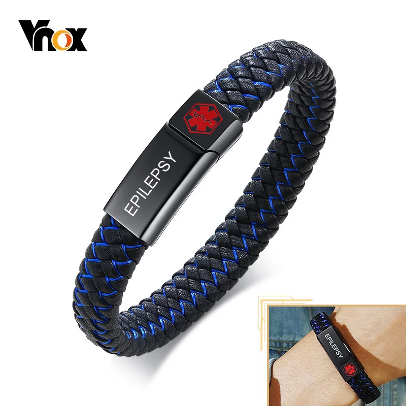

Vnox Qualified Men's Medical Leather Bracelet Braided Leather with Stainless Steel Metal Clasp Customize Diabete Type 1 2