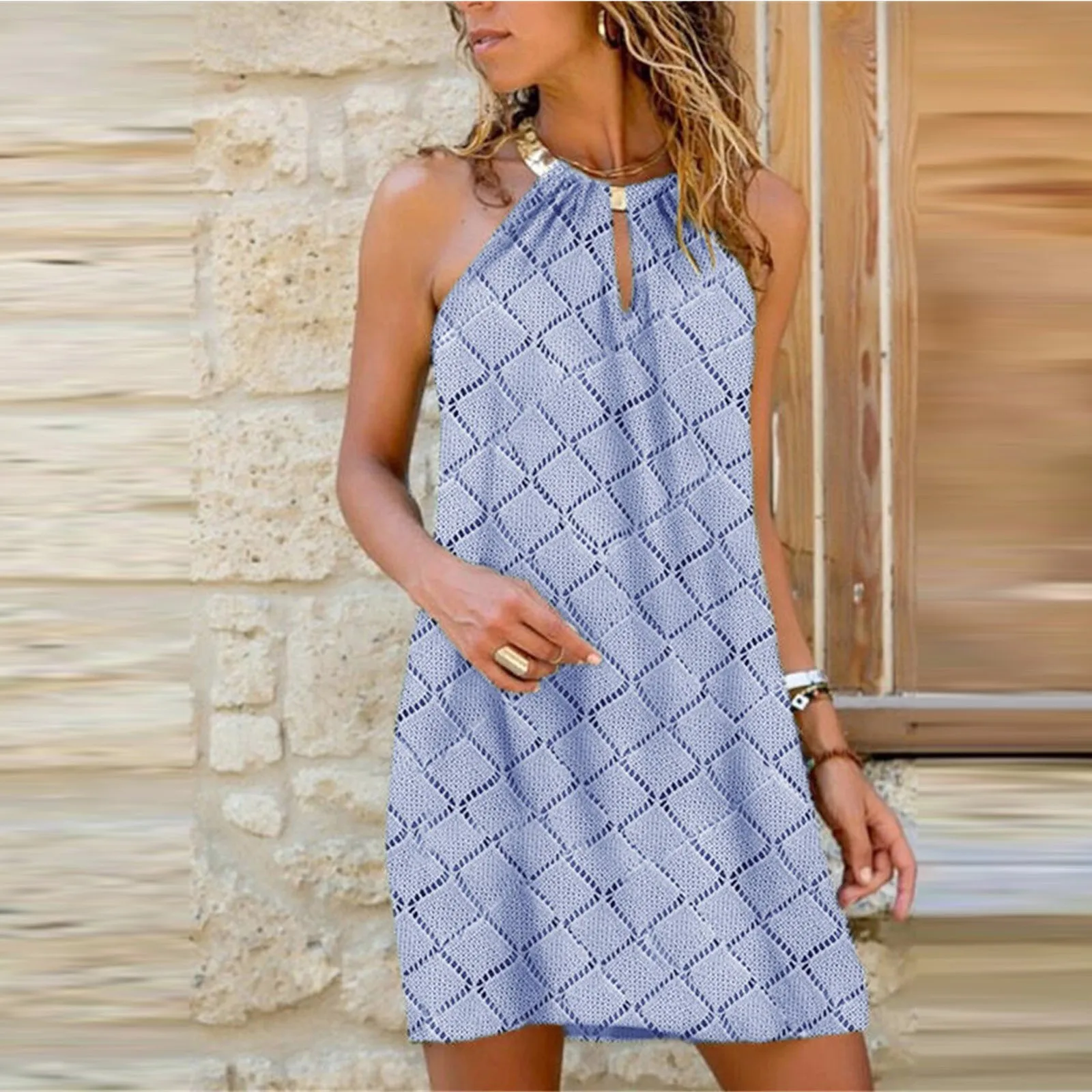 

Women's Dresses New Style Fashion Metal Halter Neck Diamond Printing Sleeveless Dress Bohe Beach Dress 2021 Sundress Vestidos