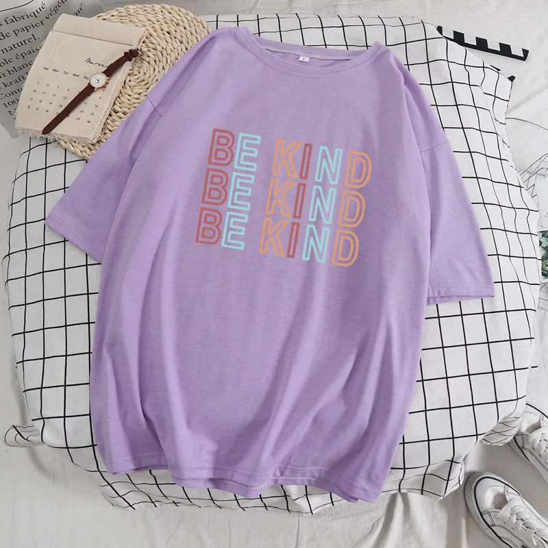 

Female Tops Summer Short Sleeve Cotton Lady T-Shirt Japan Korean Harajuku Style Streetwear Casual BE KIND Letter Print Pattern
