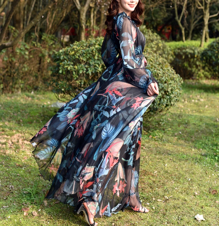 

Islamic Muslim Maxi Dress Floral Printed Loose Chiffon Summer Fashion Abaya Clothes Female Saudi Arabia Dubai Kaftan Long Dress