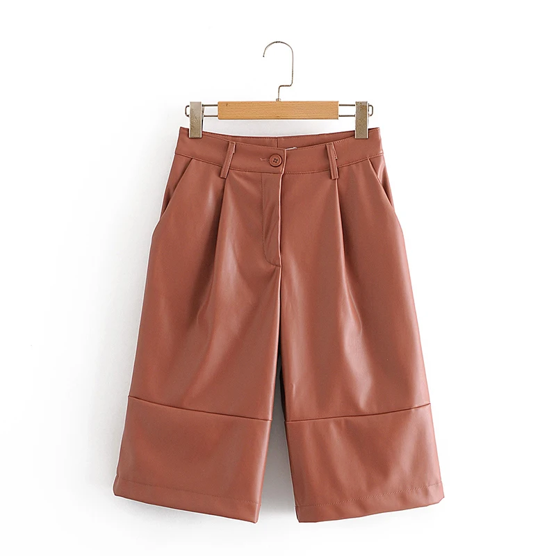 

Autumn Winter Faux Leather 2 Pieces Set Women Solid Jackets Coat &High Waist Shorts Suits