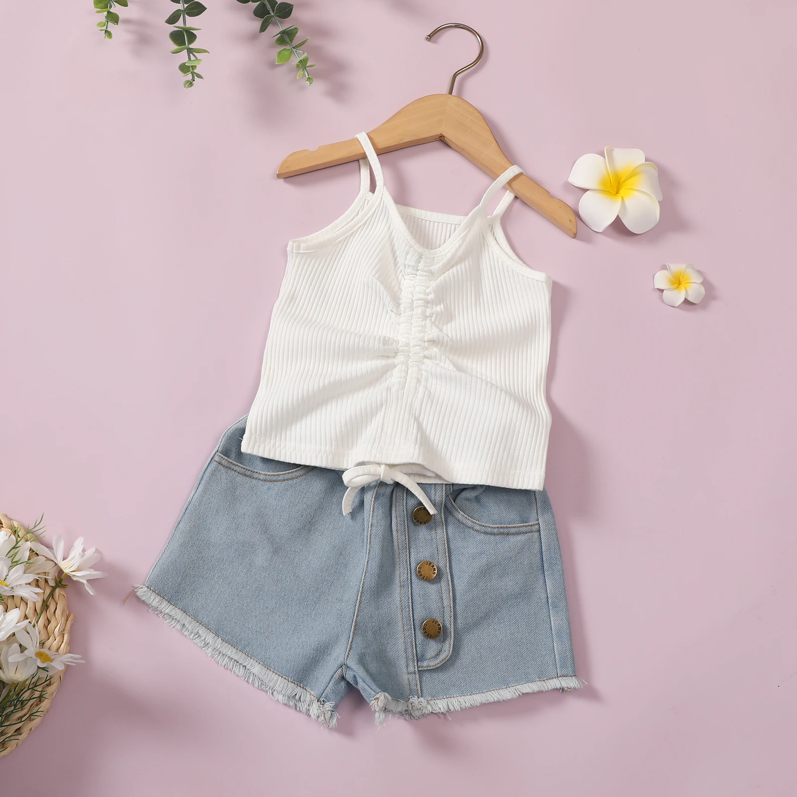 

Summer Tracksuit Girls Ribbed Spaghetti Strap V-Neck Drawstring Vest and Denim Shorts