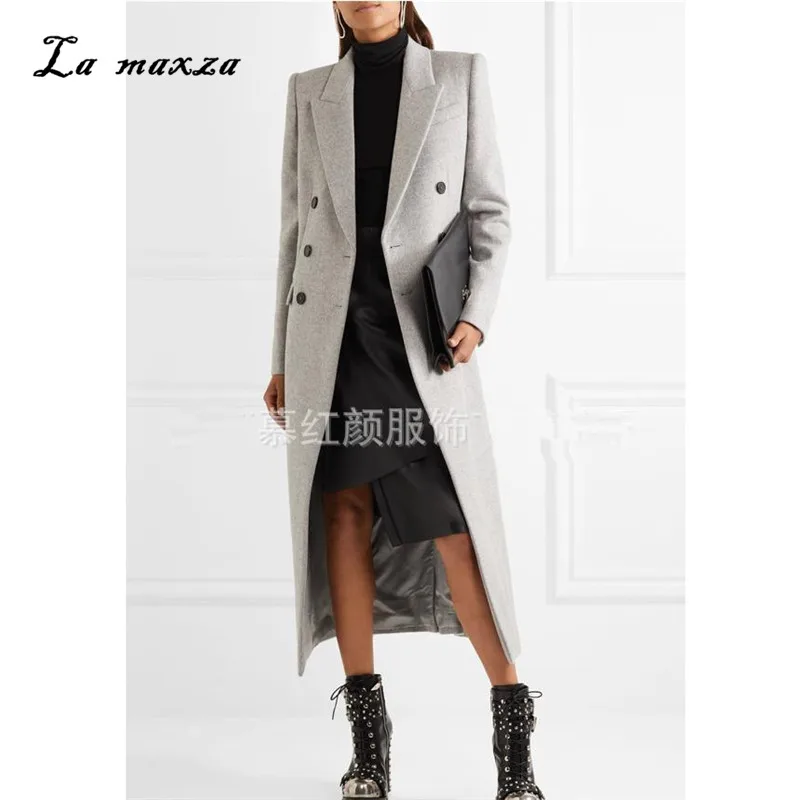 

Korean Style Elegant Wool Office Lady Coat Double Breasted Fashion Winter Grey Womens Coat
