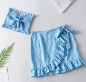 

2021 Summer Sexy Printed Lace-up Tube Top + Ruffled Skirt Suit Casual Home Comfortable Slim Dress