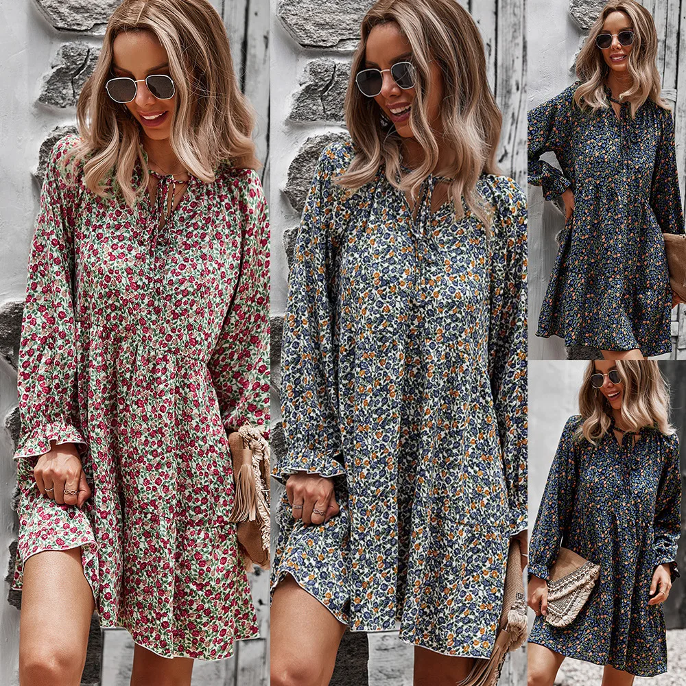 

Dress With Floral Pattern Short Casual Hit Autumn 2021 Women's Clothing Bohemian Long Sleeve Fashion One Piece Ladies Loose