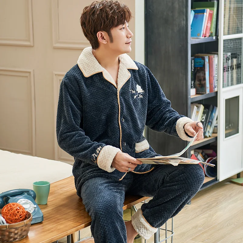 Long sleeved flannel in autumn and winter can be worn outside the new suit cardigan lover pajamas men women's home wear | Мужская
