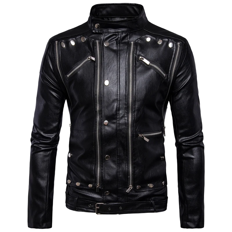 

Motorcycle Biker Leather Jackets Multi-zipper Black Men Leather Jackets Coats Jaqueta De Couro Masculina Punk Mens Jacket M-5XL