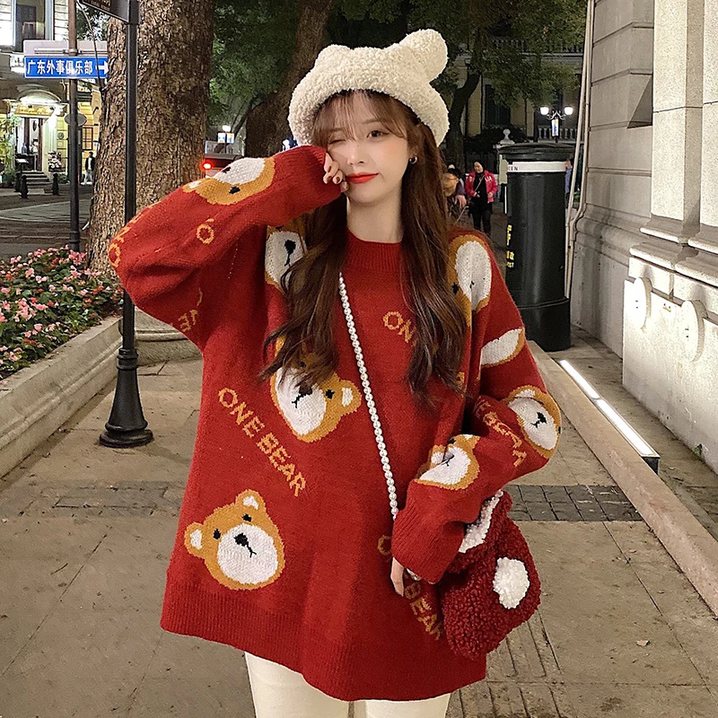 

Cute Bear Jacquard Knitting Sweater Womens Loose Red Christmas Winter Thick Long Sleeve Pullover Female Coat