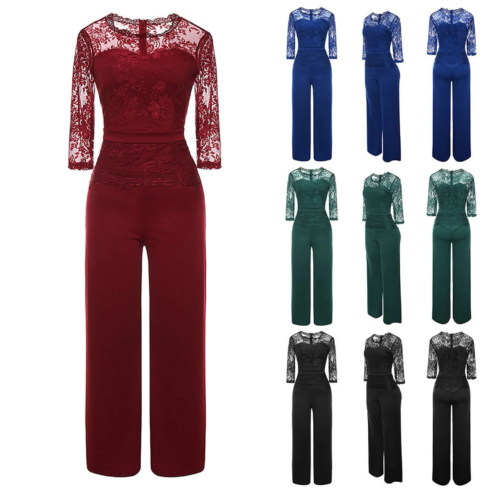 

Summer Elegant Women Jumpsuits 2021 Sexy Solid Lace Short Sleeve Backless Loose Wide Leg Palysuits Bandage Female Jumpsuit