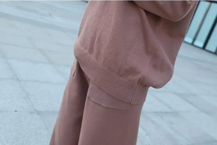 

High quality Autumn Winter Hoodies Knitted Suits Women Solid Loose Pullover Knitted Tops and Wide-leg Pants Sets