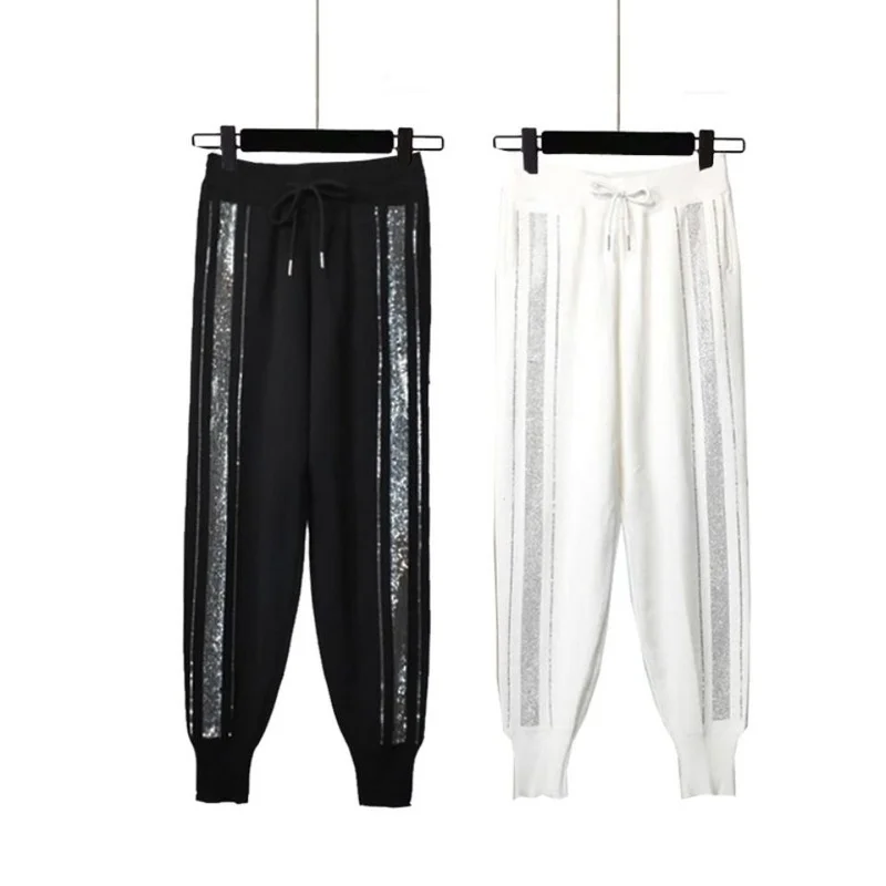

Women's Harem Pants Diamonds Rhinestone Hot Drilling Ladies Sweatpants Women Baggy Pants High Waist Harlan Loose wide leg Black