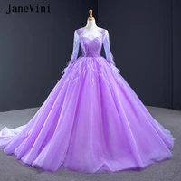 janevini luxury purple arabic ball gown evening dresses long sleeve feathers sparkly beading tulle puffy dubai women formal gown