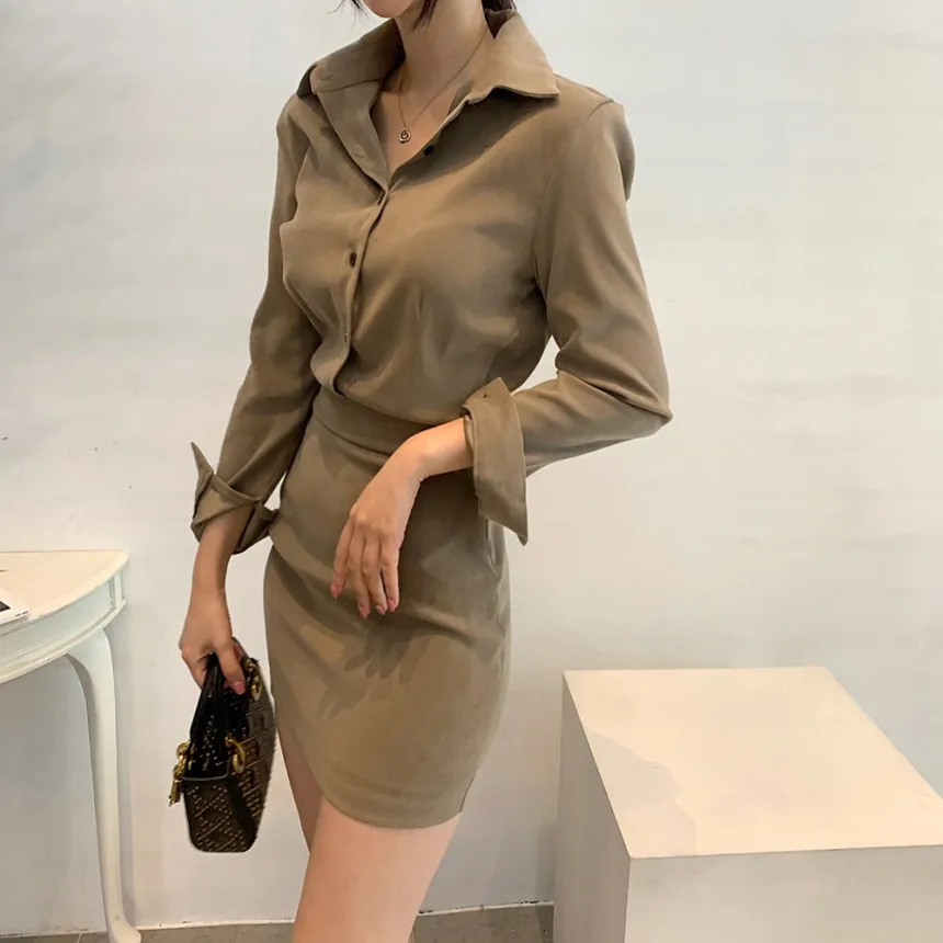 

Spring Women's Dress Turn Down Collar Long Sleeve Elastic Waist Solid Button Mini OL Shirt Stitching Wrap Dress