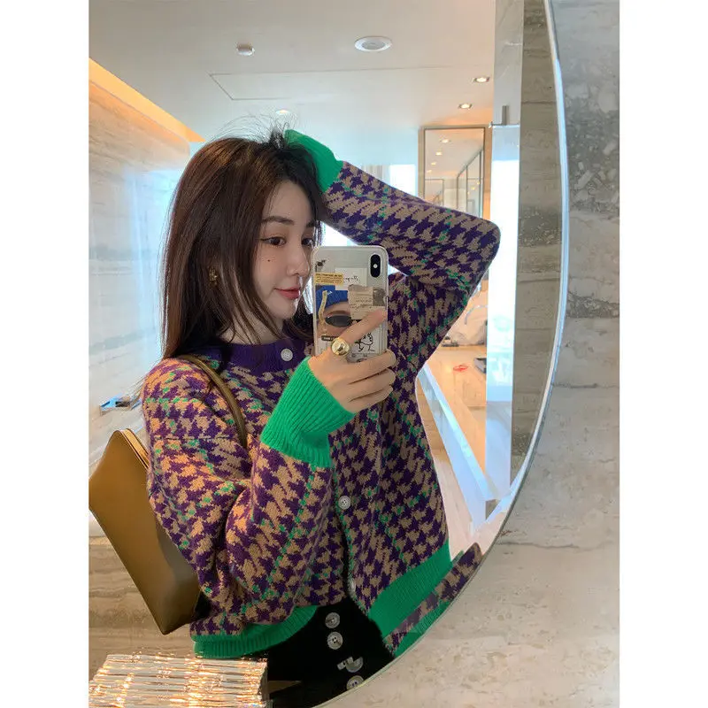 

Новинка Весна 2021, цветной контрастный свитер, кардиган, женская зимняя Модная вязаная универсальная кофта