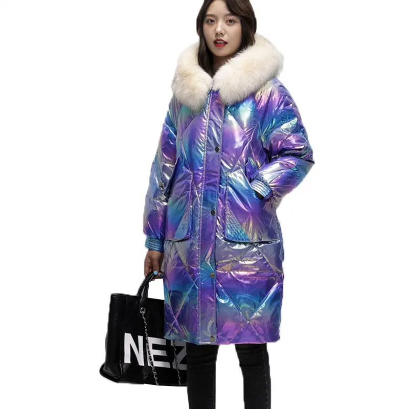 

New Parka Fashion Women White Duck Down Jacket Shiny High Quality Metallic Fashionable Natural Fur Warm Coat Winter Jacket Women