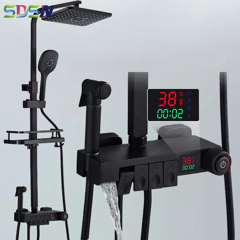 

Matte Black Piano Bathrooom Shower Set Luxury Rainfall Thermostatic Shower System Brass Bathtub Mixer Tap Pianoforteshower Set