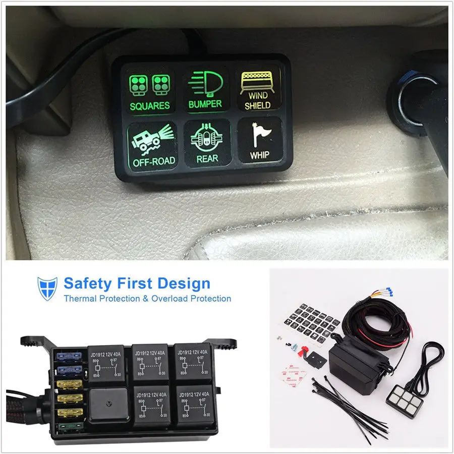 

6 Gang LED Push Button Switch Panel 12V Electronic Relay Circuit Control Box Fuse Relay Box Wiring Harness Kit Waterproof