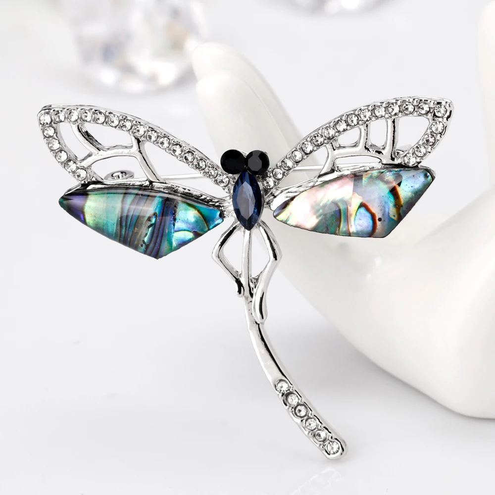 Черные глаза натуральная раковина стрекоза брошь синий большой кристалл Эмблема