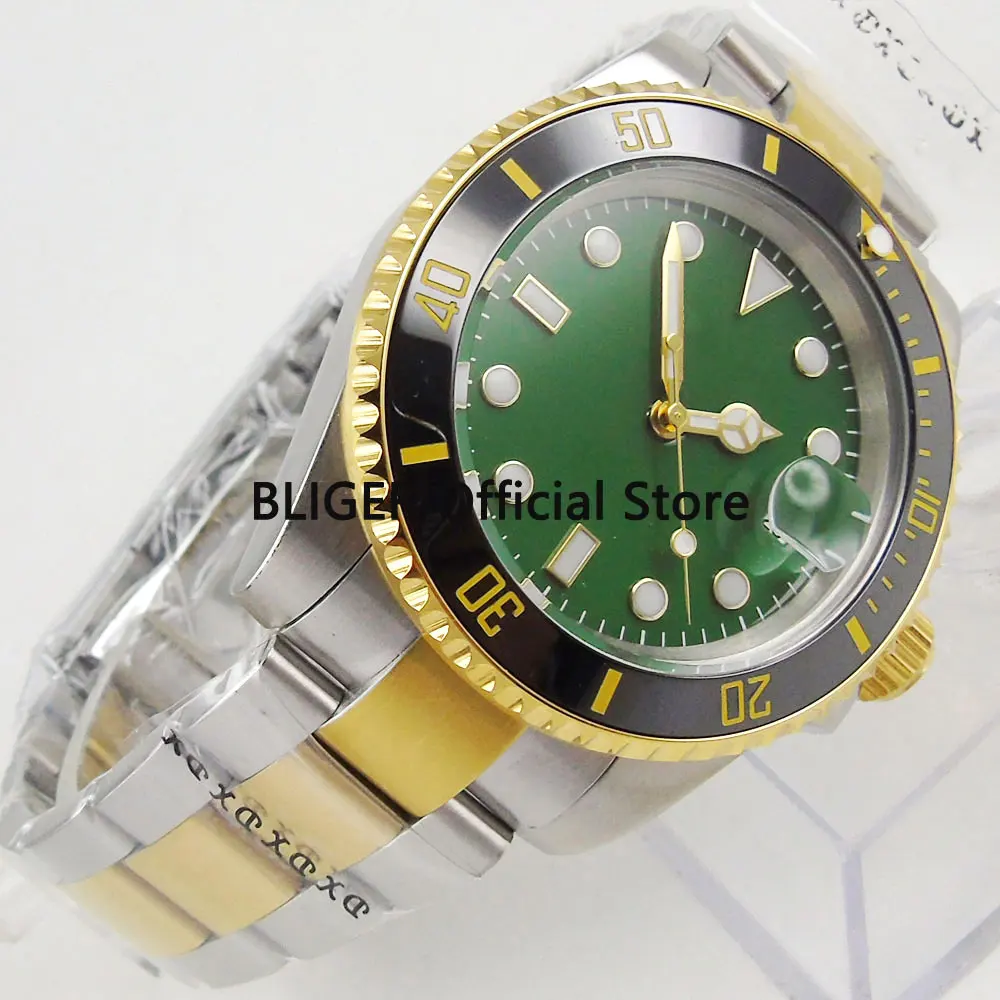 

Sapphire BLIGER Nologo 40mm Green Dial Ceramic Bezel Luxury Gold Plated Stainless Steel Band Automatic Movement Men's Watch