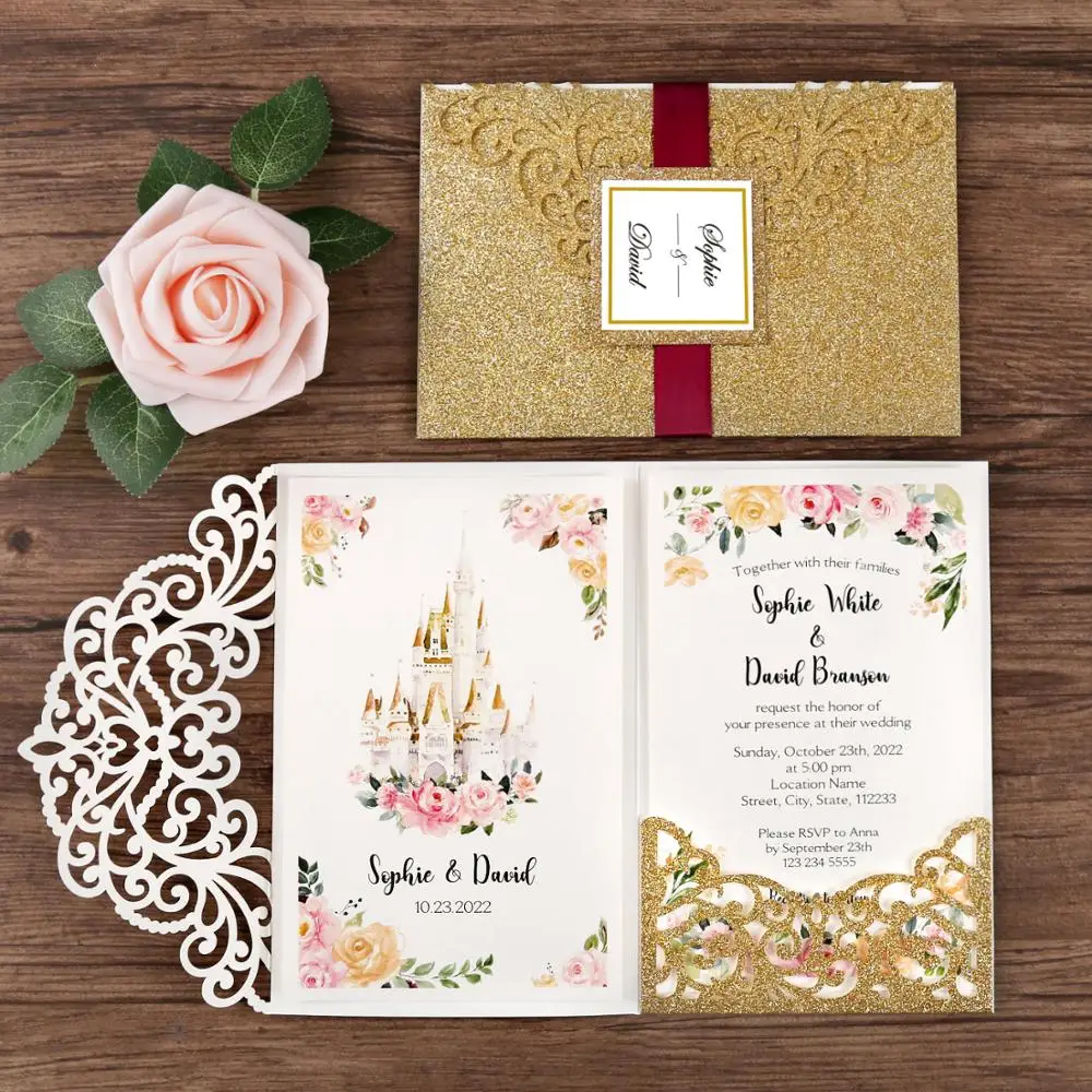 

50pcs Gold Glitter Wedding Invitations Laser cut Hollow Invite Greeting Cards for Wedding