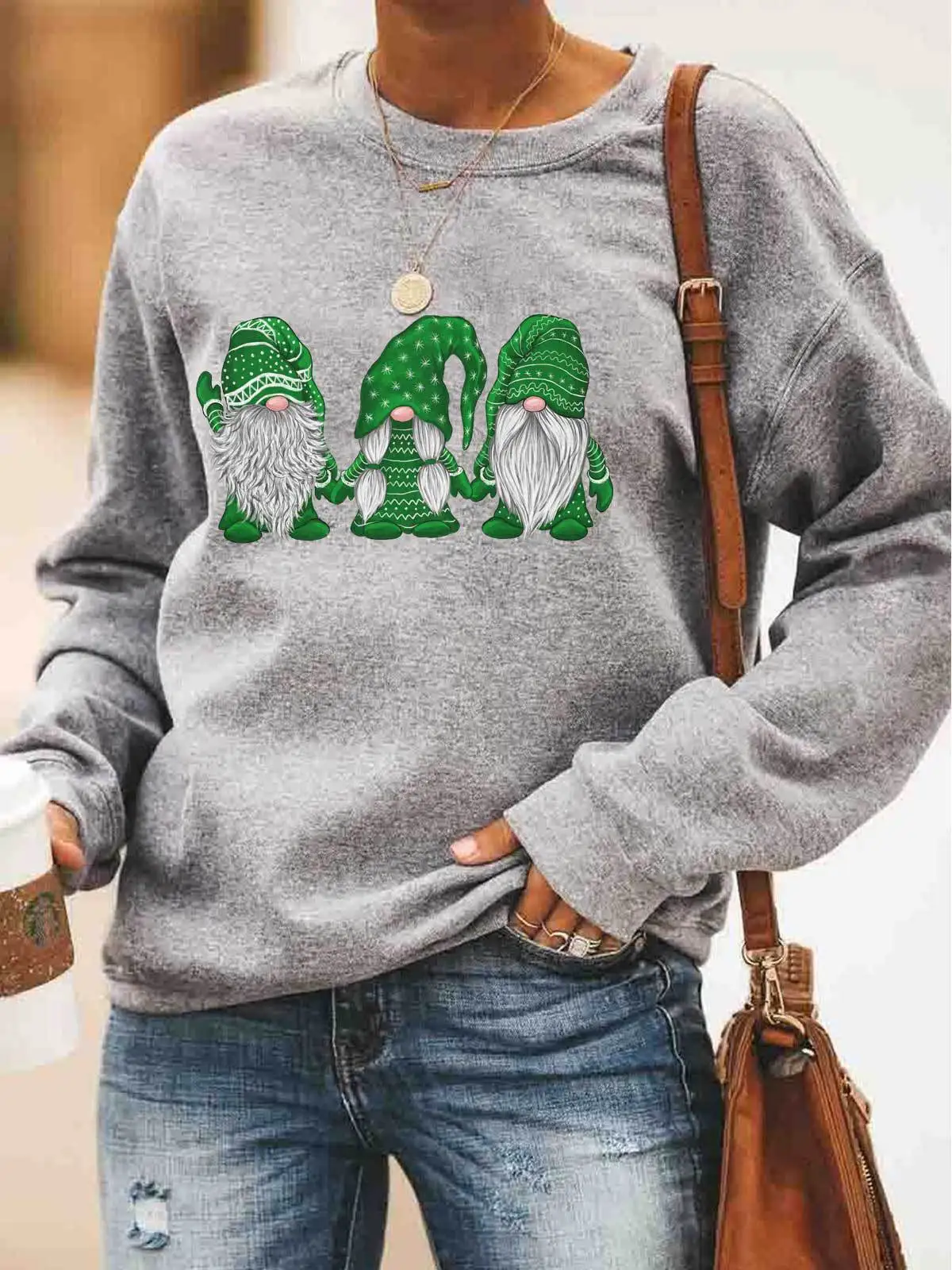 

Women's Sweatshirt Three Santa Pattern Print Round Neck Long Sleeve Pullover Sweater