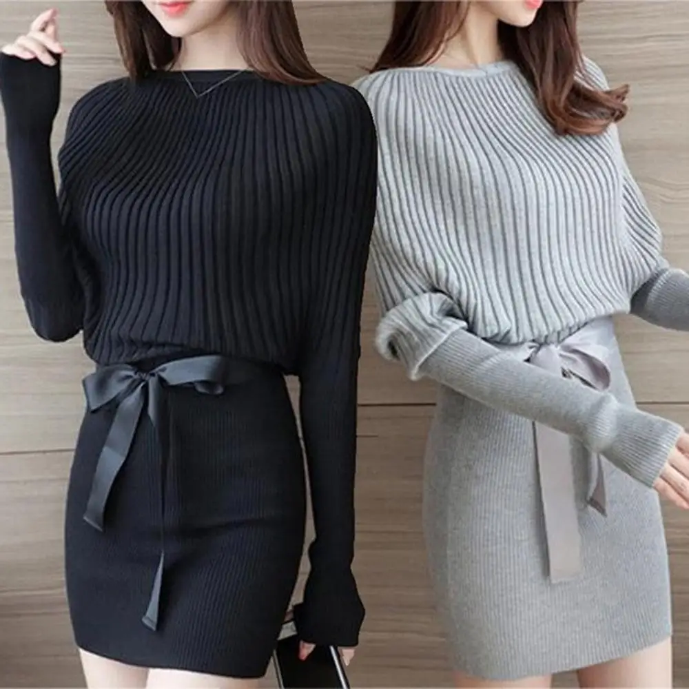 Женское трикотажное Платье с длинным рукавом пуловер широкими рукавами вечерние