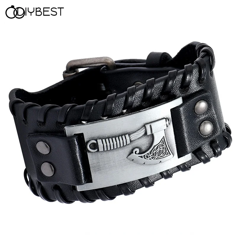 

Retro Nordic Viking Axe Charm Bracelet Punk Men's Leather Bracelet Personality Weaving Pirate Wristband Jewelry Gifts for Male