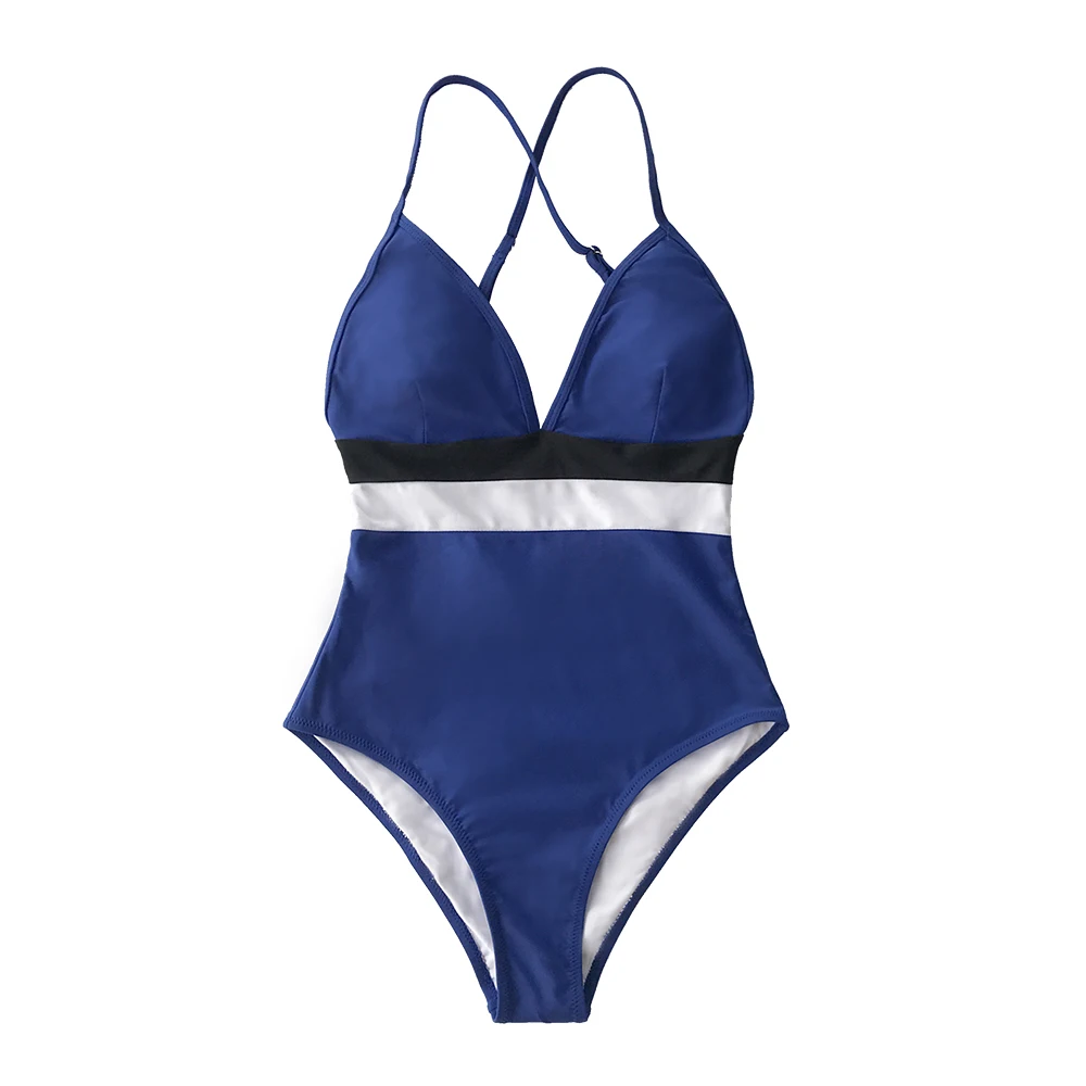 

Cross Block One-piece Swimsuit Women V-neck Backless Patchwork Monokini 2021 Girl Beach Adjustable Btahing Suits Swimwear