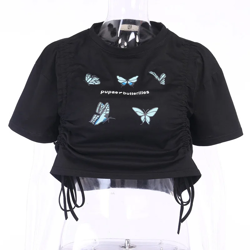 

Streetwear Women Black Crop T-shirts Harajuku Gothic Top Butterfly Print Vintage Female Casual Basic T-shirt