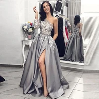 elegant grey prom dresses sexy one shoulder split side a line satin ivory lace appliques pageant evening party dress for women