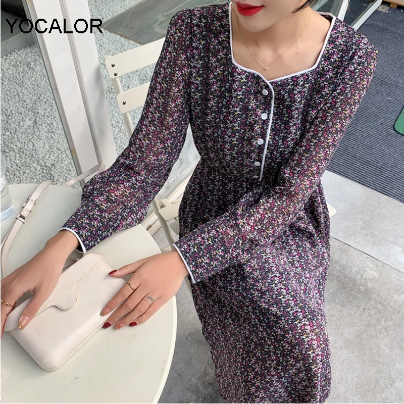 

Yocalor Women Chiffon Dress 2020 Spring Summer Fashion Female Long Sleeve Vintage Print Floral A-line Dress Loose Casual Dresses