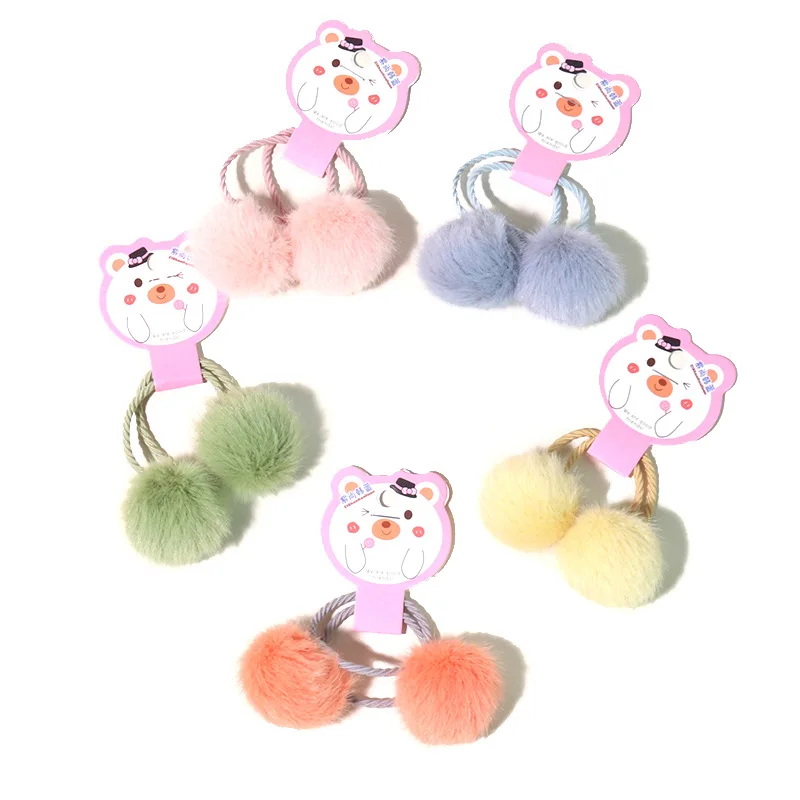 

2Pcs Candy Color Baby Girl Elastic Hair Bands Ribbon Hair Bows Hairband Fur Ball Kids Hair Rope Hair Accessories Headwear