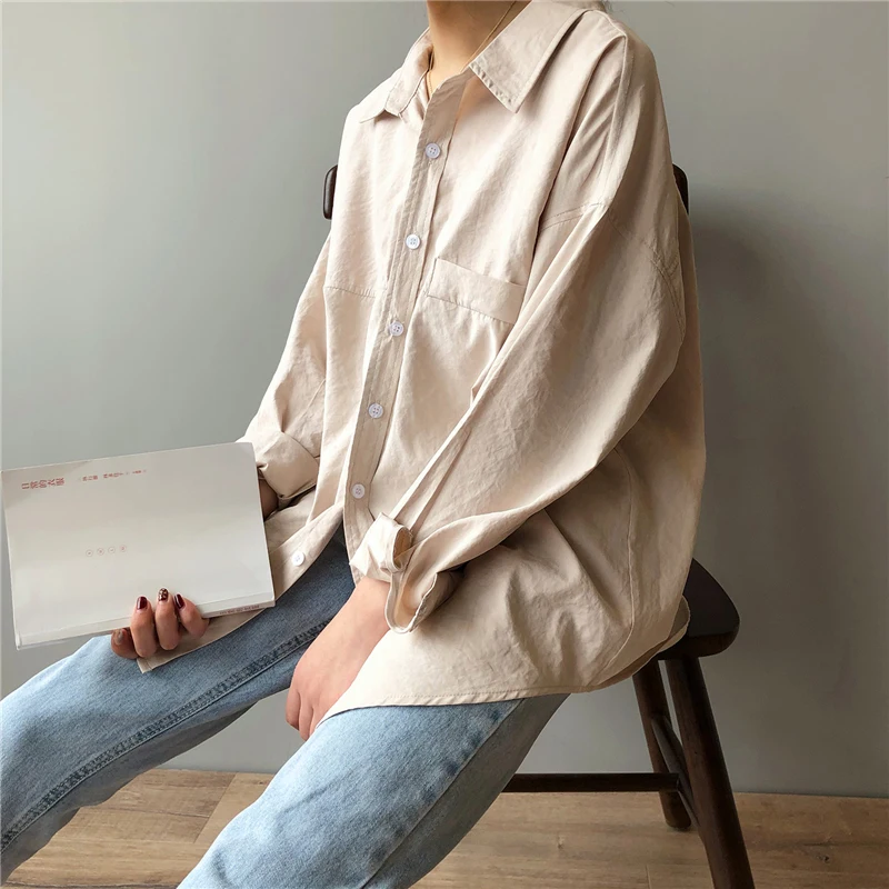 

BGTEEVER Minimalist Loose White Shirts for Women Turn-down Collar Solid Female Shirts Tops 2020 Spring Summer Blouses
