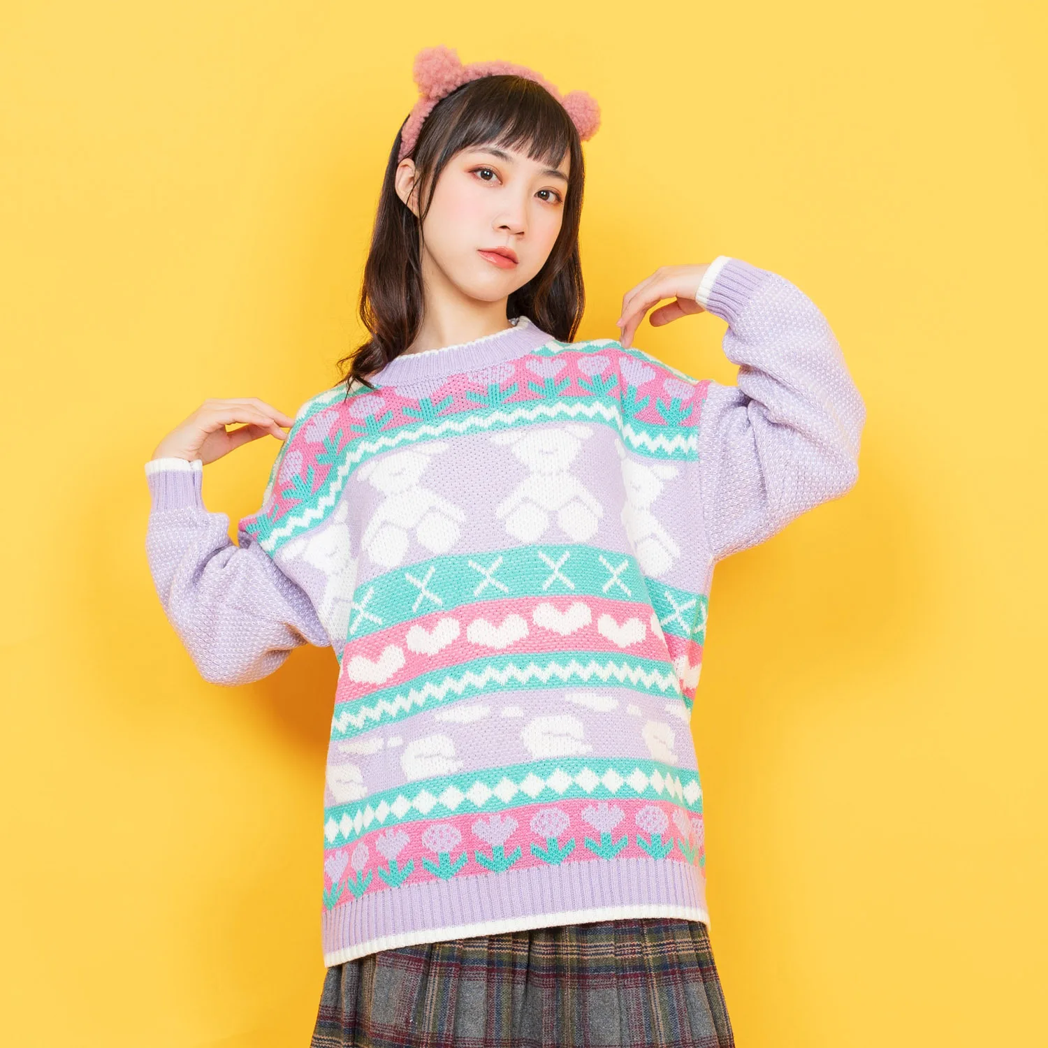 Harajuku фиолетовый Медвежонок жаккард осень зима новый дизайн Винтажный Женский