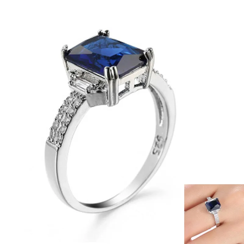 

Ladies Commitment Zircon Ring Luxury Blue Square Zircon Engagement Ring Copper Plated Gift Jewelry Sz 6-10