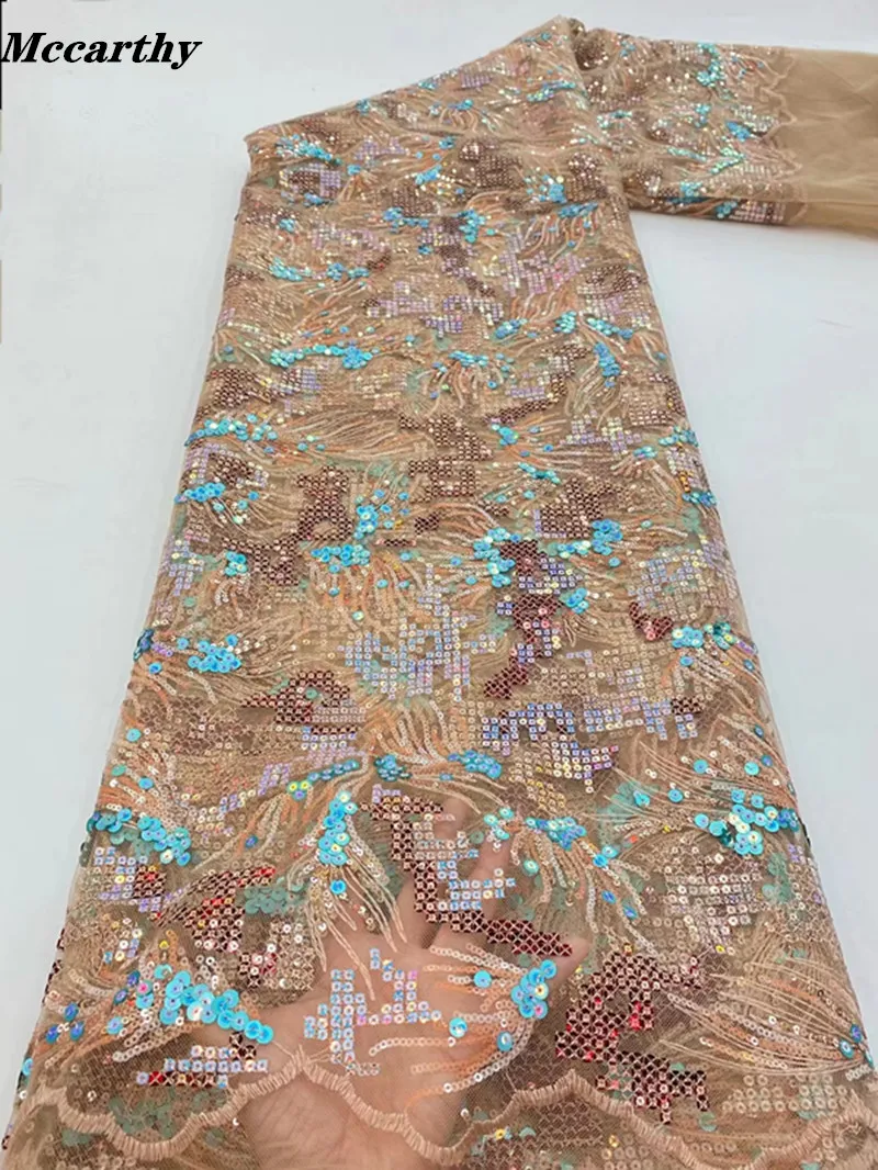 

Mccarthy 2021 Brown African Sequins Laces Fabrics High Quality African French Tulle Lace Fabric for Nigerian Net Lace Fabrics