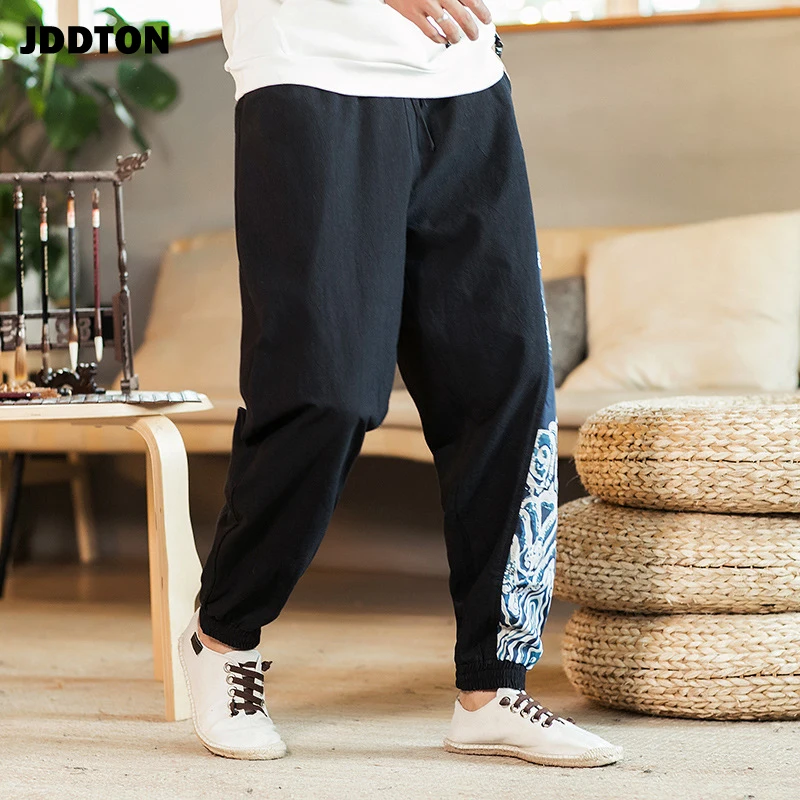JDDTON мужские хлопковые и льняные свободные брюки с боковым принтом Стильные