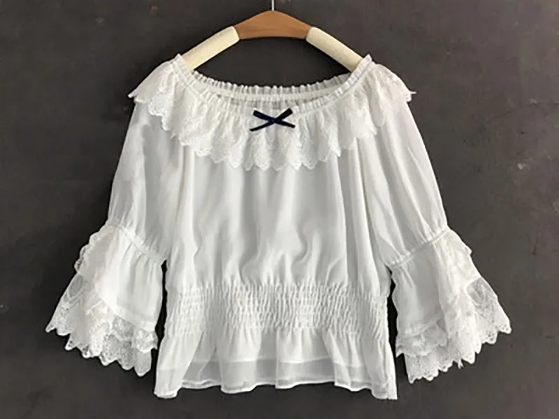 Blouse Милое милое платье на бретельках средней длины в стиле Лолиты, градиентное платье со звездами JSK голубого цвета для девочек, нарядное кружевное плиссированное платье с рюшами, блузка, рубашка, комплект из 2 предметов для женщин - Цвет: Blouse