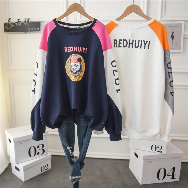 

Cute Cartoon Printing Casual Sweatshirt Women 2021 New Loose Cotton Patchwork Oversized Pullover Coats Teenagers